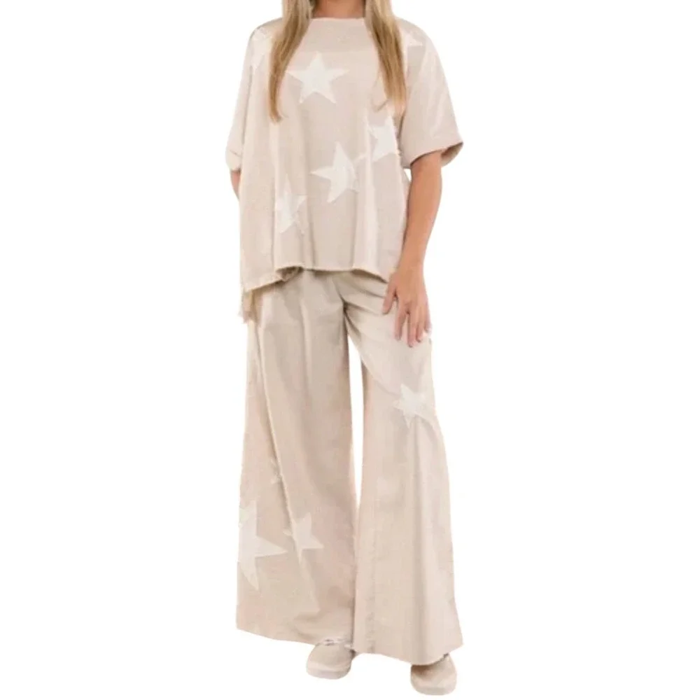 Wide Leg Star-Print Pantsuit in Light Beige - Picture 1 of 16